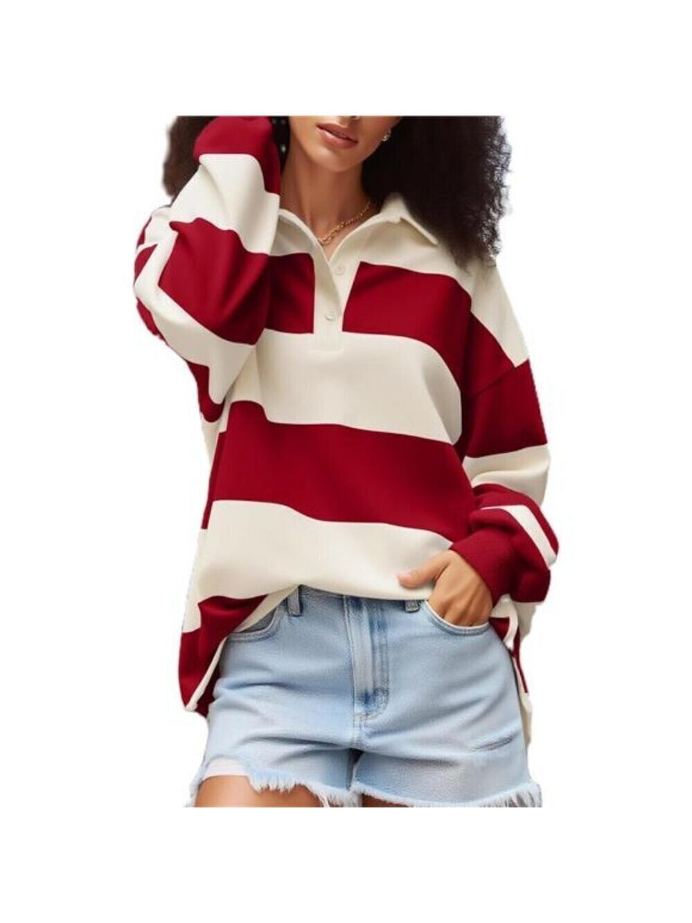 Polo Rugby Shirt Women Red White Long Sleeve Striped Oversized